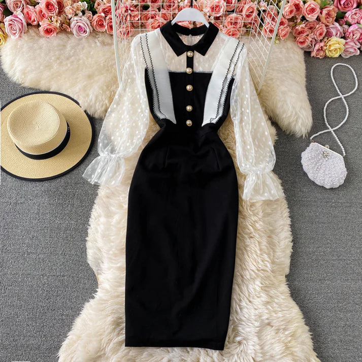 Flowery Long Sleeves Smock DressSummer New Tulle Sheath Dress Black Long Sleeves Elegant Dress     S4942