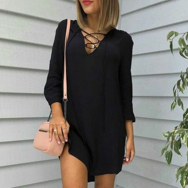 Fitted Long Sleeves High-Low DressFashionSierra - Summer Women Shirt Dress Casual Round Neck Black Long Sleeve Hollow Out Women Dress Summer Dress