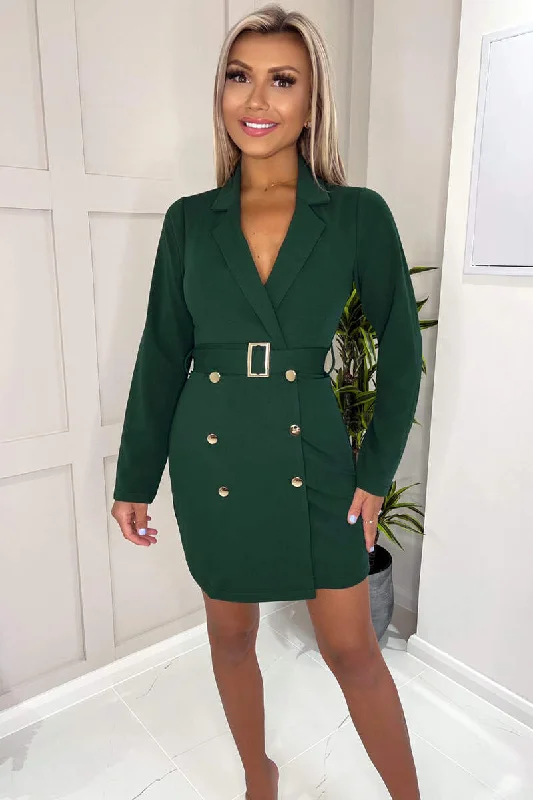 Fabulous Long Sleeves Party DressTeal Button Front Belted Long Sleeve Blazer Dress