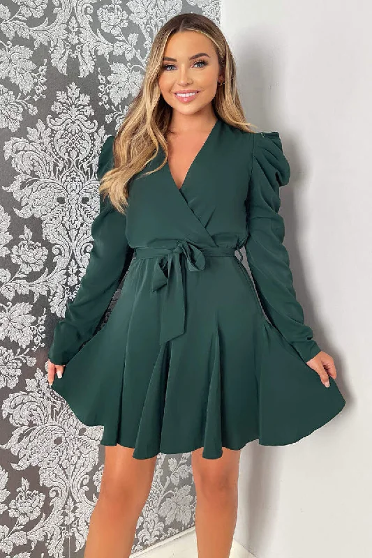 Flowing Long Sleeves Prom DressTeal Long Sleeve Tie Waist Skater Dress