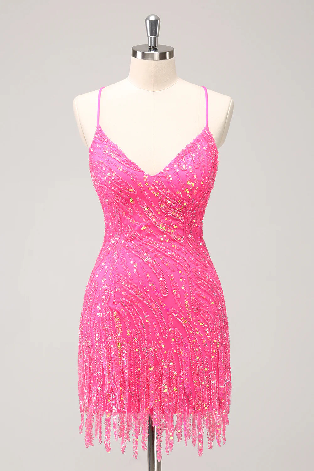 A-line party dressesTight Sequins V Neck Homecoming Dress with Fringes