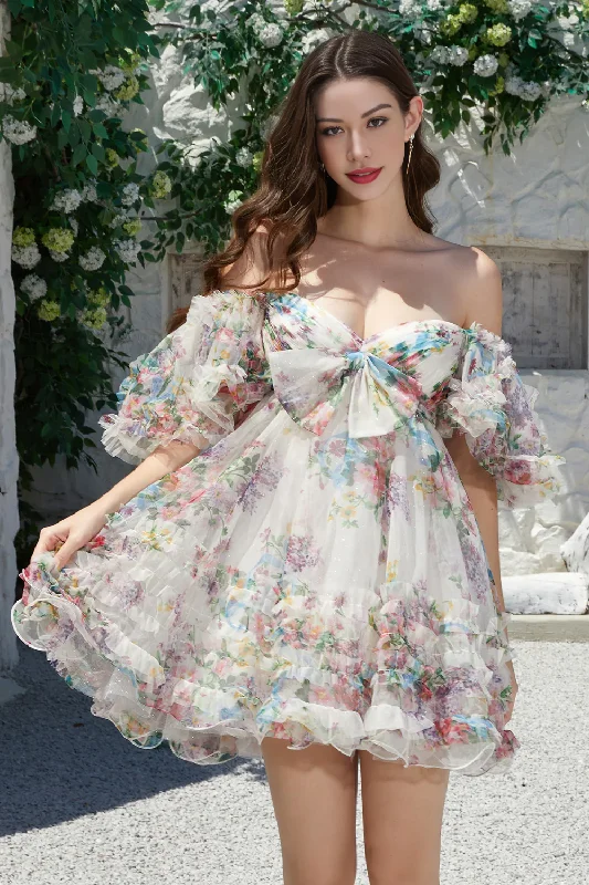 handmade party dressesTrendy A Line Ivory Floral Printed Short Tulle Homecoming Dress with Short Sleeves