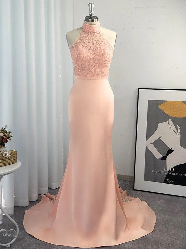 Sleeveless Dress GraduationTrumpet/Mermaid Halter Sleeveless Satin Lace Sweep/Brush Train Dresses