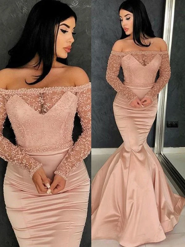 Full-Figured Long Sleeves DressTrumpet/Mermaid Long Sleeves Off-the-Shoulder Sweep/Brush Train Ruffles Satin Dresses