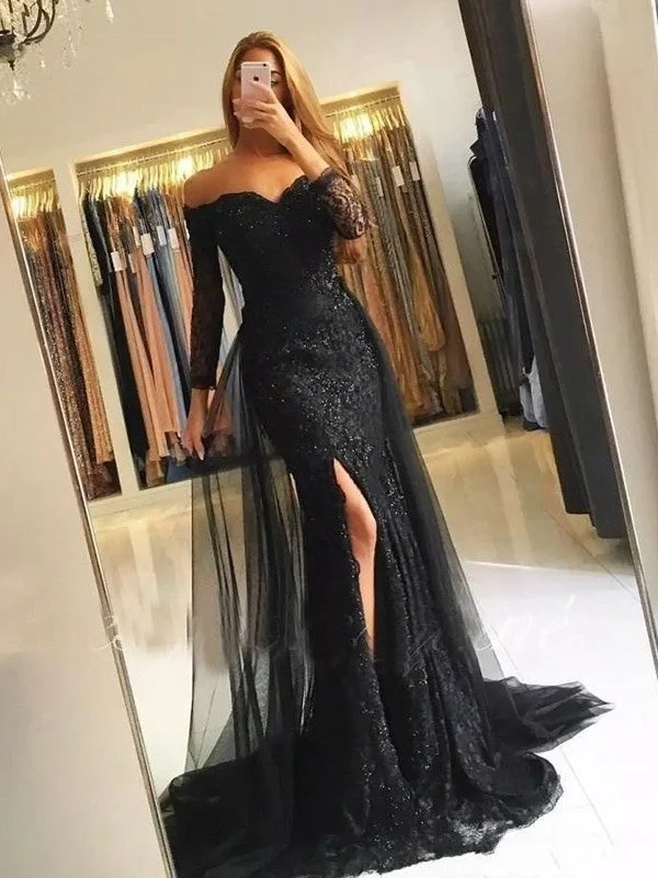 Flirty Lace Long Sleeves DressTrumpet/Mermaid Long Sleeves Off-the-Shoulder Sweep/Brush Train Tulle Lace Dresses