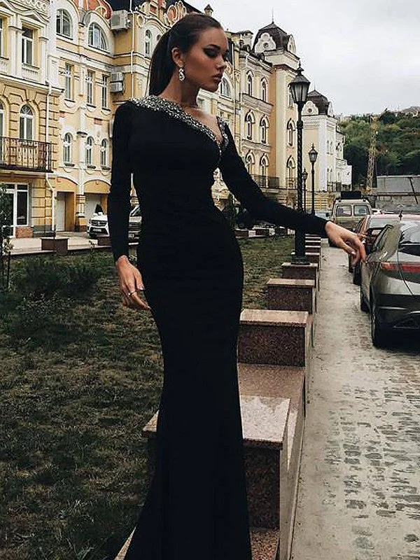 Fabulous Lace Long Sleeves DressTrumpet/Mermaid Long Sleeves One-Shoulder Spandex Beading Floor-Length Dresses