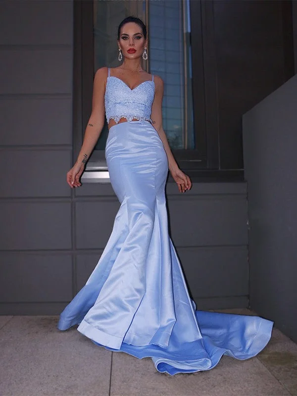 Sleeveless Dress MaternityTrumpet/Mermaid Satin Lace V-neck Sleeveless Sweep/Brush Train Two Piece Dresses