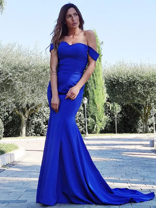 Sleeveless Dress For EveningTrumpet/Mermaid Stretch Crepe Ruffles Sleeveless Off-the-Shoulder Sweep/Brush Train Dresses