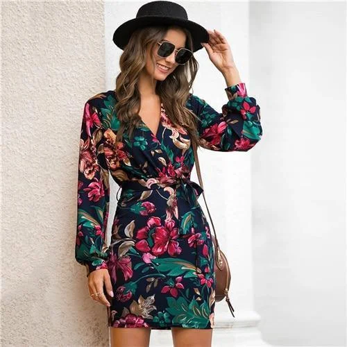 Fabulous Long Sleeves Tiered DressFashionSierra - V Neck Floral Print Casual Belted Pencil Dress Women Autumn Streetwear High Waist Multicolor Long Sleeve Short Dresses