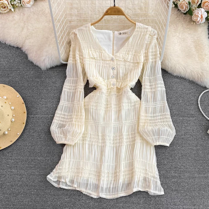 Fabulous Long Sleeves Babydoll DressVintage Long Sleeves V Neck Ruffled Short A Line Chiffon Dress        S4937