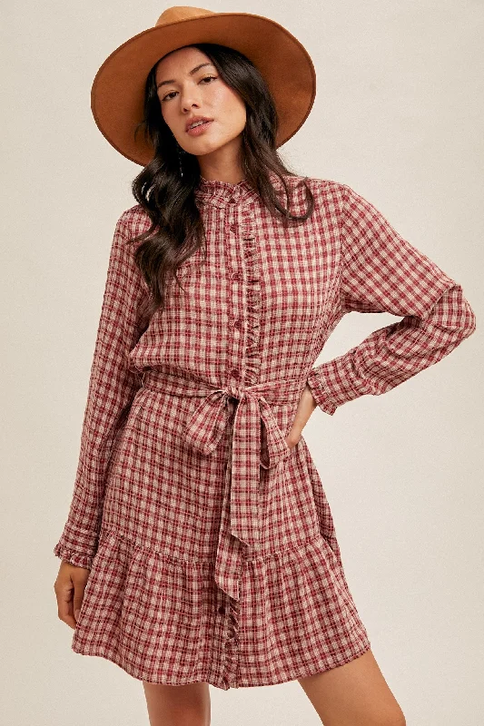 Funky Fashion Long Sleeves DressWine Country Plaid Belted Ruffle Long Sleeve Shirt Dress