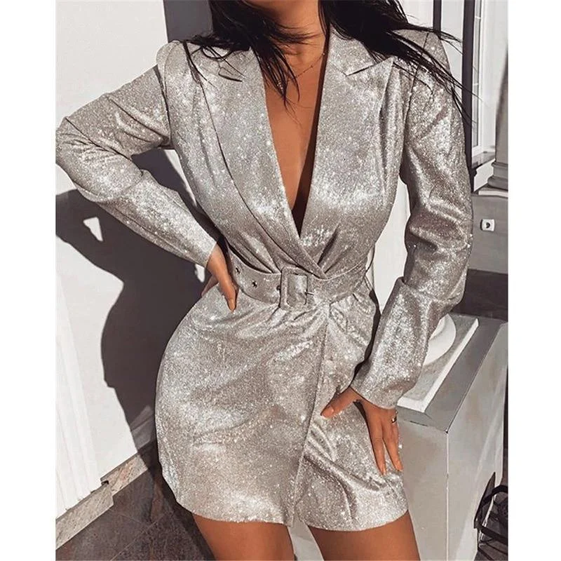 Flowing Tulle Long Sleeves DressFashionSierra - Women Glitter Long Sleeve Blazer Dress