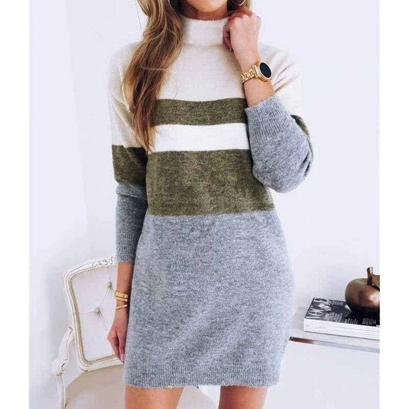 Full Length Long Sleeves DressFashionSierra - Women Pullover Knitted Dress Casual Turtleneck Patchwork Loose Long Sleeve Basic Dress Autumn Winter Clothes