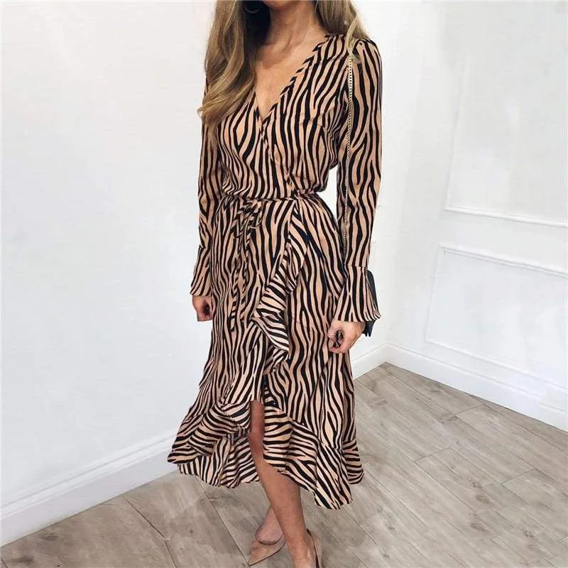 Funky Long Sleeves Jumpsuit DressFashionSierra - Women Zebra Print Beach Bohemian Long Sleeve V Neck Ruffle Dress