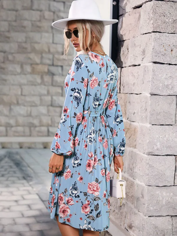 Fancy Long Sleeves Ball GownBerryBetty - women's autumn and winter floral dress long sleeve blue pleated skirt