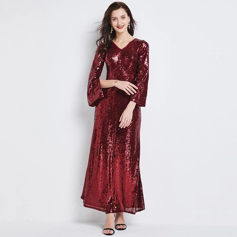 Funky Long Sleeves Cami DressFashionSierra - Sexy V Neck Long Sleeves Sequined Fashion Casual A Line Dress